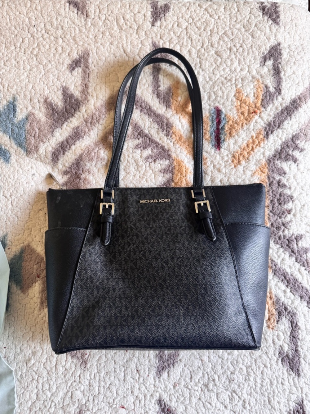 Michael Kors Black Logo-Print Leather Tote with Gold Hardware